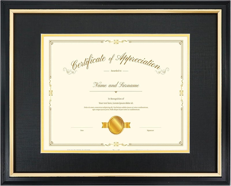 Hodeframe 11x14 Document Frame with (Black/Gold) Double Mat or 8x10 Without Mat for Certificate/Diploma/Picture,Solid Wood Degree Frame, Real Glass，Wall Display and Tabletop - Image 1